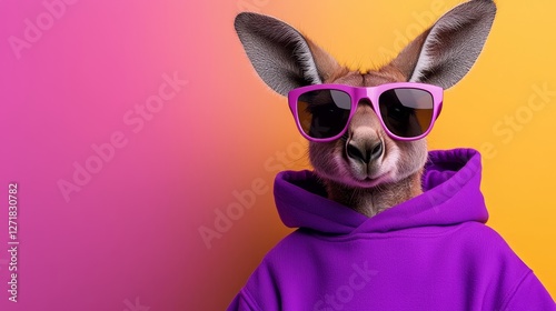 A stylish kangaroo wearing sunglasses and a purple hoodie poses against a vibrant gradient background of pink and orange.
