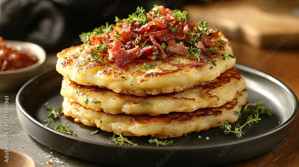 Potato pancakes topped with bacon and herbs on a plate in a kitchen setting. Potato pancakes topped with bacon and herbs on a plate in a kitchen setting.