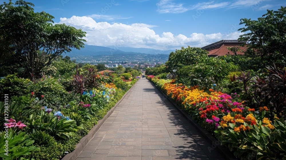 Naklejka premium Vibrant Flower Garden Path Leading to Mountain View