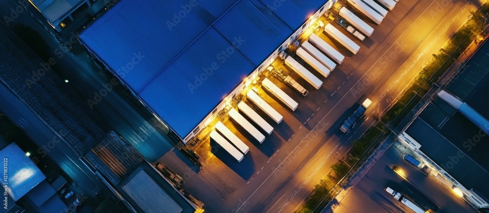 Obraz premium Aerial view of distribution warehouse with parked trailers at night