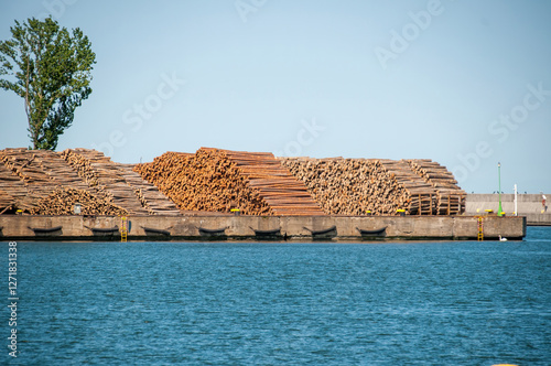 Timber Port with Large Stacks of Wood Logs