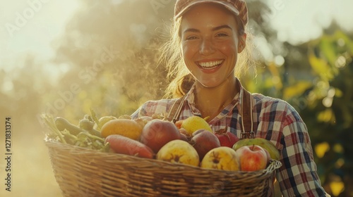 A happy female farmer in a plaid shirt holds a basket filled with fresh fruits and vegetables, standing in a sunlit farm field.  
 photo