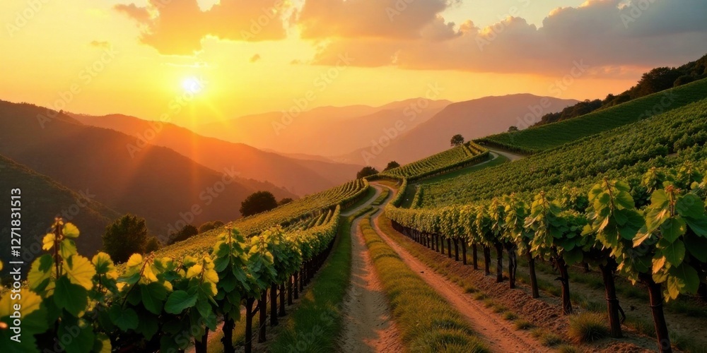 Fototapeta premium Golden Hour Vineyard Pathway Serene Sunset over Rolling Hills and Lush Grapevines