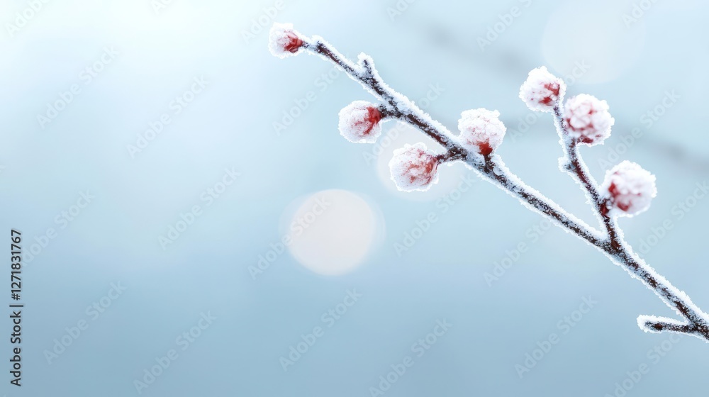 Frosted Branch with Winter Buds in Soft Blue Light Frosted Branch with Winter Buds in Soft Blue Light