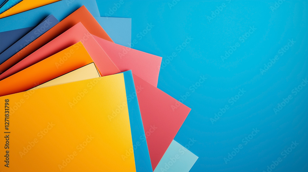 A stack of colorful papers with a blue background A stack of colorful papers with a blue background