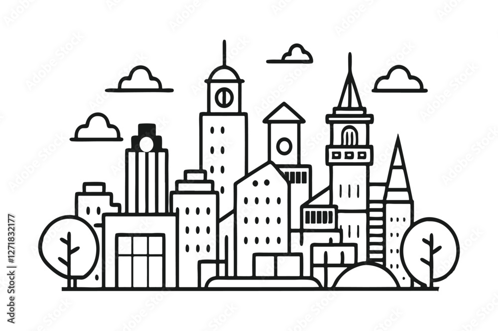 Fototapeta premium Line art of a city for kids color page doodle art