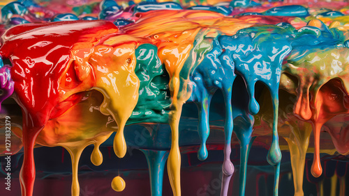 close-up of multicolored flowing paint drops, abstract backdrop