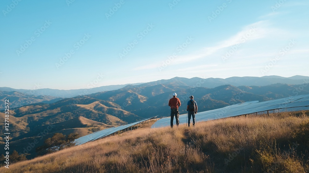 Two people stand on a grassy hillside overlooking a large solar farm stretching across rolling hills