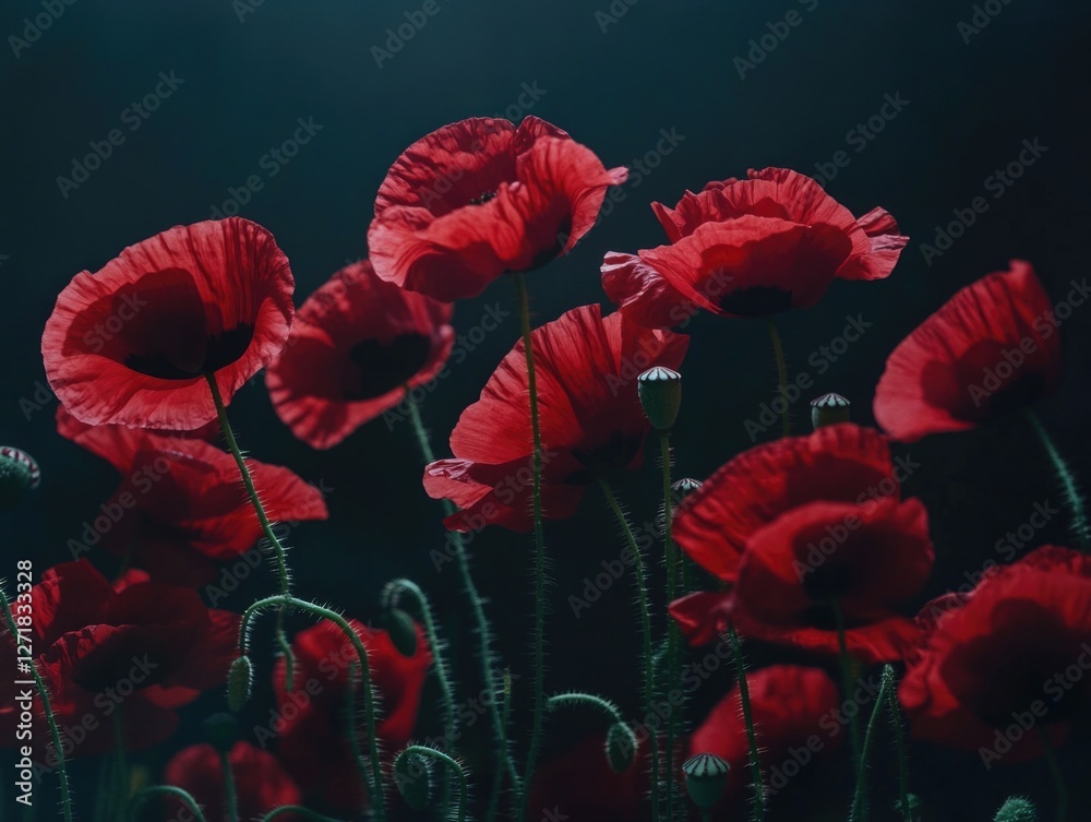 Obraz premium Field of red poppies in dark