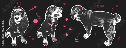 Set of dogs in a halftone style with torn paper. Collage elements with doodles. Abstract pet dogs with scribbles. Vector