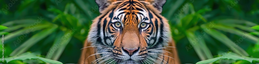 Fototapeta premium A tiger is surrounded by green foliage is looking at the camera. Wide panoramic banner with copy space.