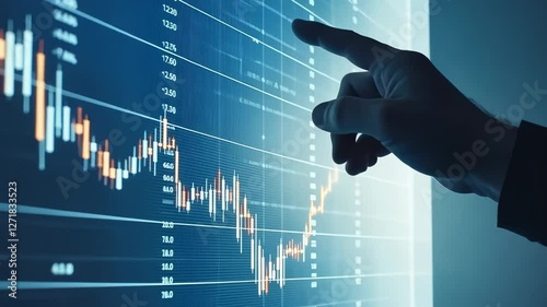 Hand analyzes financial market data on digital screen