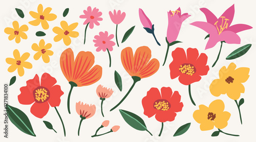 Collection of spring colorful flower elements vector. Set floral of wildflower, foliage on white background. Hand drawn blossom illustration for decor, poster, sticker, clipart, print and pattern.