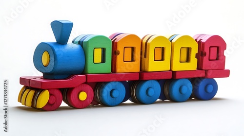 Playful wooden puzzle shaped like a train with bright primary colors on white