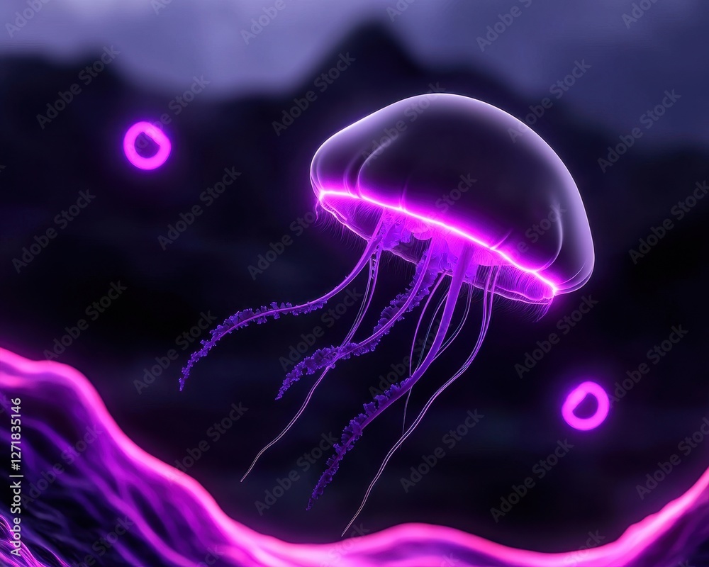 Naklejka premium A mesmerizing glowing jellyfish floating in dark waters, showcasing vibrant colors.