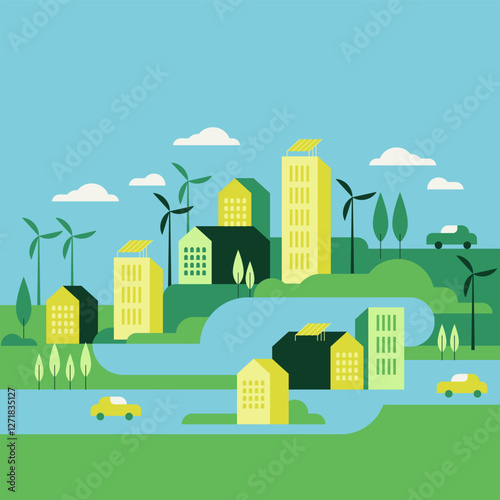 Vector flat illustration eco city landscape with green hills, lake, trees, solar panels and wind turbines. Modern city with eco energy