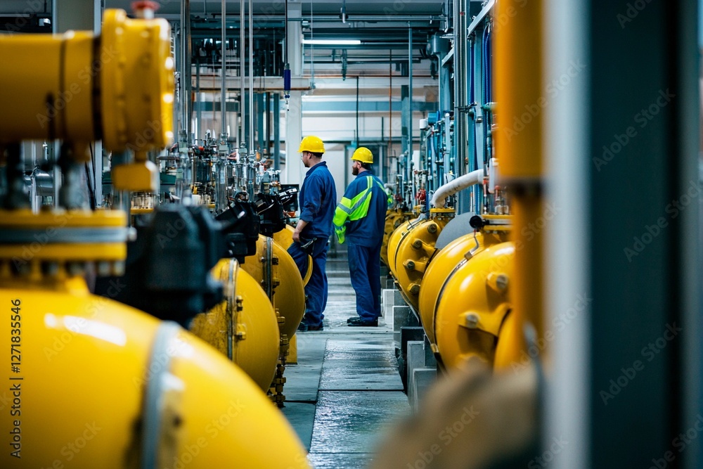 Fototapeta premium Workers in a modern industrial facility engage in teamwork among bright yellow storage tanks
