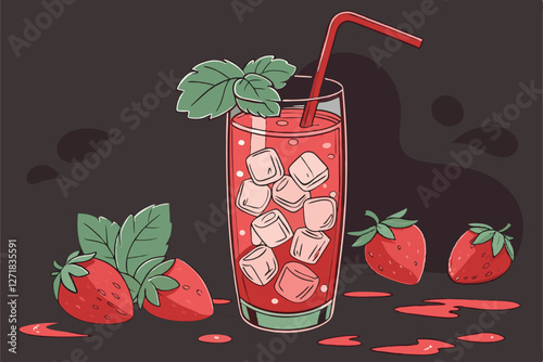  Vibrant red strawberry cocktail, Tall glass with ice, Fresh mint leaves garnish, Red straw, Whole ripe strawberries, Dark moody background, Droplets of condensation, Studio lighting, High contrast,