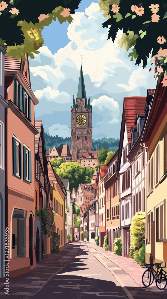 Fototapeta premium cityscape, tourism, touristic, destination, black forest, Illustration, Cityscape of Freiburg im Breisgau in Germany, the capital city of the black forest. touristic advertisement poster, beautiful to