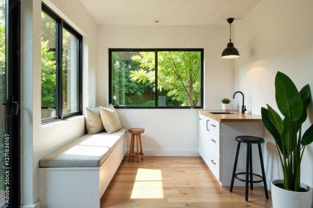 Fototapeta premium Sunlit Modern Interior Design Featuring Built-In Window Seat and Minimalist Kitchenette