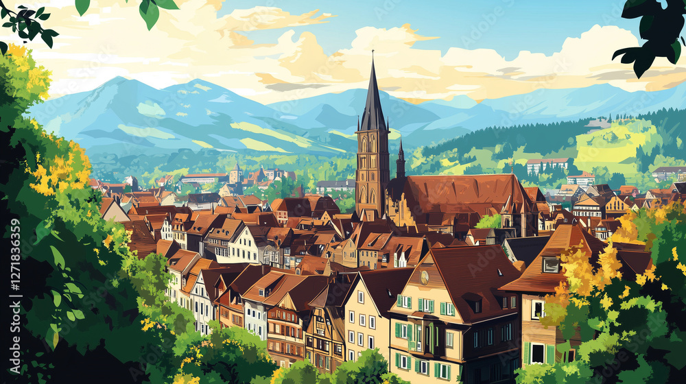 Obraz premium cityscape, tourism, touristic, destination, black forest, Illustration, Cityscape of Freiburg im Breisgau in Germany, the capital city of the black forest. touristic advertisement poster, beautiful to