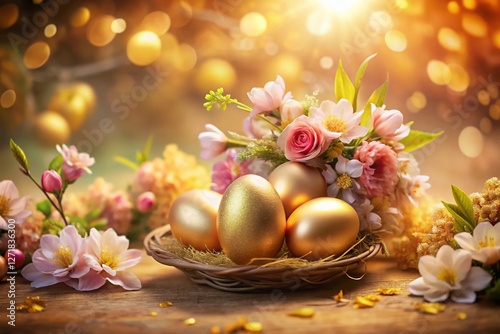 Elegant Golden Eggs & Spring Flowers Easter Decoration - Long Exposure Photography