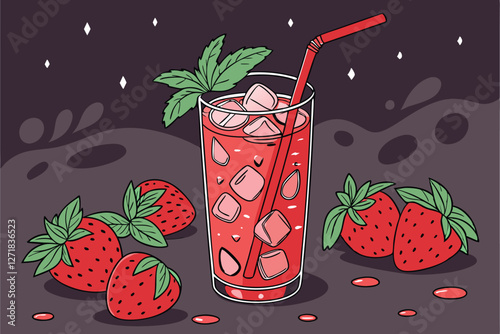  Vibrant red strawberry cocktail, Tall glass with ice, Fresh mint leaves garnish, Red straw, Whole ripe strawberries, Dark moody background, Droplets of condensation, Studio lighting, High contrast,