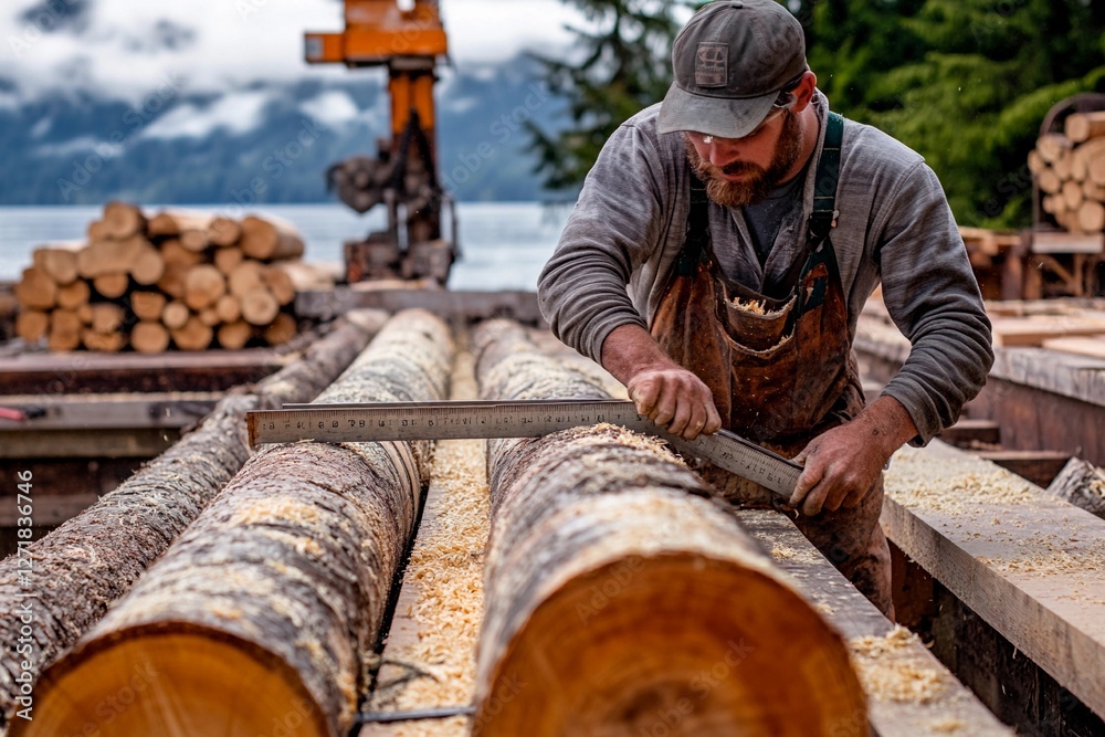 Skilled craftsman measuring timber on a serene lakeside lumber mill under cloudy skies Skilled craftsman measuring timber on a serene lakeside lumber mill under cloudy skies
