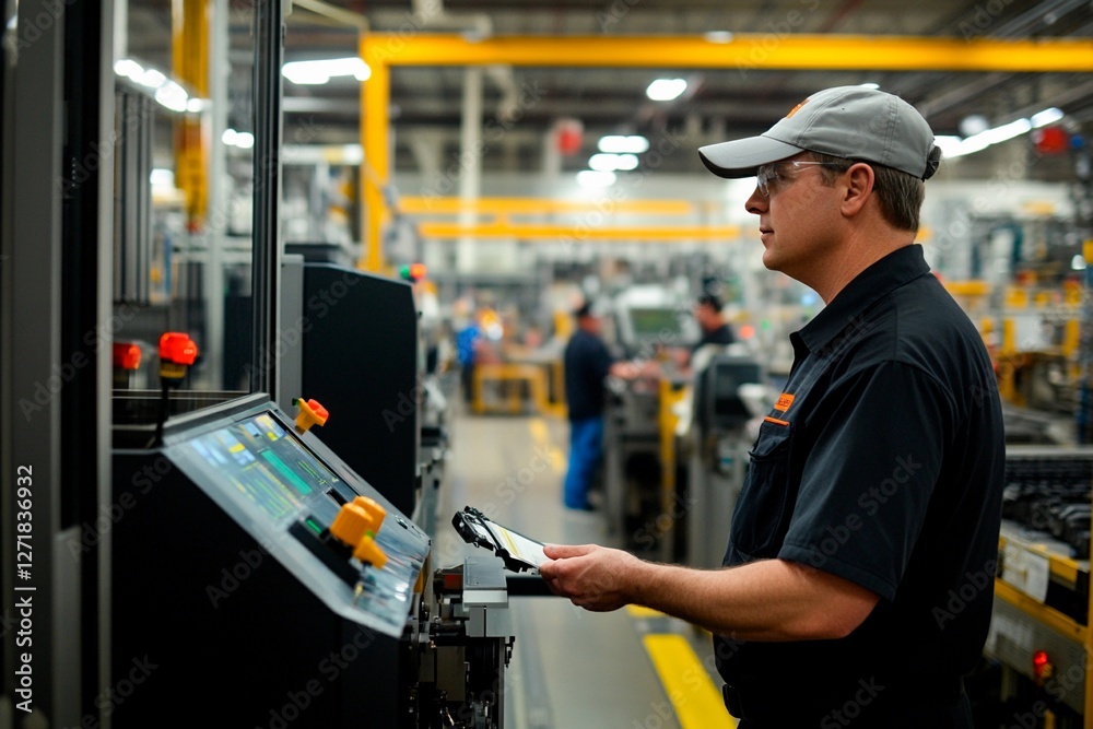 Factory worker monitoring production line equipment during busy manufacturing shift Factory worker monitoring production line equipment during busy manufacturing shift
