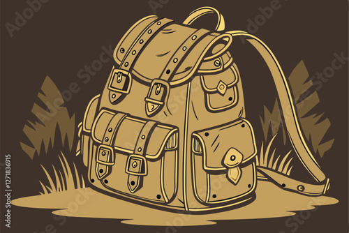  Vintage leather backpack, multiple pockets, brass buckles, rich brown color, textured leather, rugged design, adventurer's bag, detailed stitching, dark background, studio lighting, high contrast, 