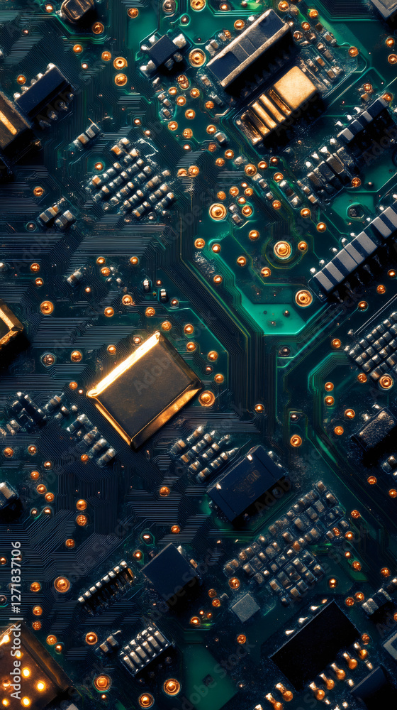 Obraz premium Close-up of a green electronic circuit board, highlighting various components and complex connections, representing modern technology