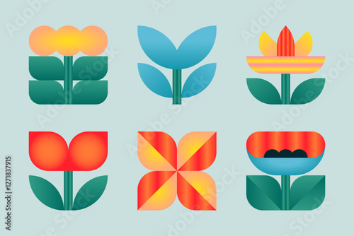 Set of geometric and colorful flowers. Vector illustrations.