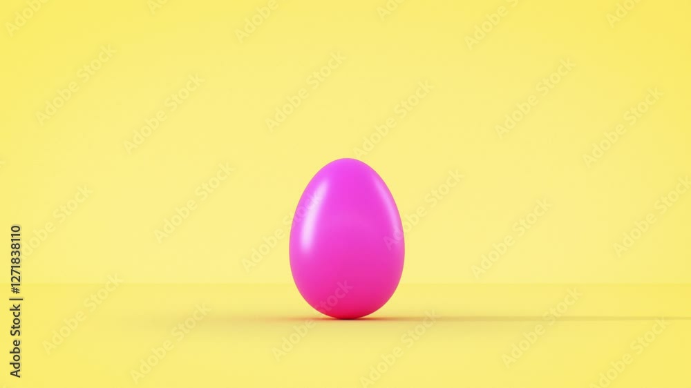 Easter Egg Rolling and Breaking into Pieces 3d Animation. Single Pink Egg Exploding on Yellow Background with Alpha Mask for Objects and Text Inside. Easter Holiday Illustration Concept 4k.