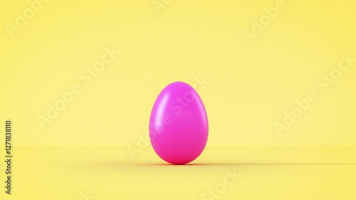 Easter Egg Rolling and Breaking into Pieces 3d Animation. Single Pink Egg Exploding on Yellow Background with Alpha Mask for Objects and Text Inside. Easter Holiday Illustration Concept 4k.
