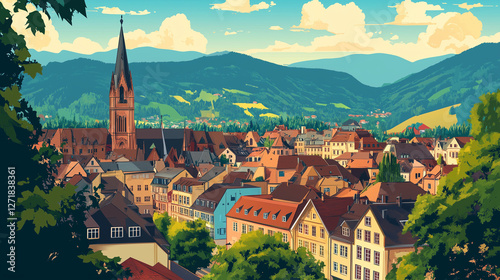 cityscape, tourism, touristic, destination, black forest, Illustration, Cityscape of Freiburg im Breisgau in Germany, the capital city of the black forest. touristic advertisement poster, beautiful to