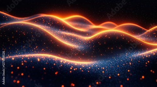 Abstract glowing wavy particles in dark space photo