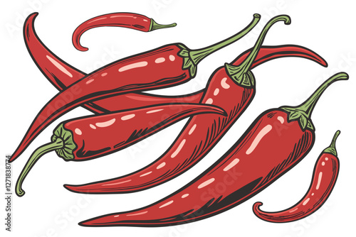  Vibrant red chili peppers, glossy skin, green stems, sharp focus, white background, food photography, high contrast, fresh produce, spicy ingredients, culinary still life, macro detail, overlapping