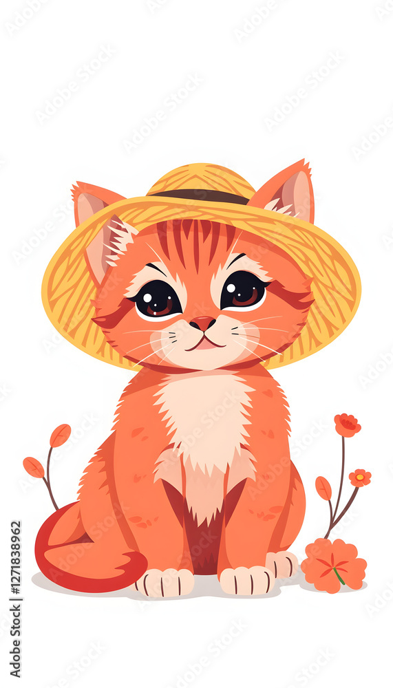 Fototapeta premium Cute red kitten wearing a straw hat. Summertime concept. Horizontal banner, flat papercut style. White tone