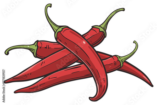  Vibrant red chili peppers, glossy skin, green stems, sharp focus, white background, food photography, high contrast, fresh produce, spicy ingredients, culinary still life, macro detail, overlapping