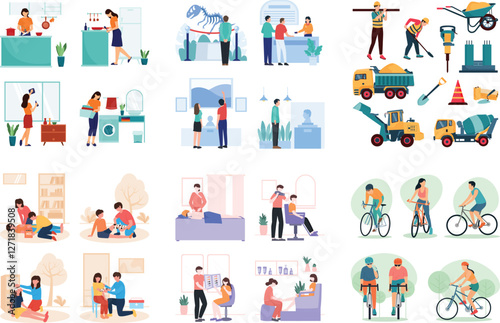 Colorful flat vector illustrations, diverse group of people, daily life activities, medical checkups, family scenes, work scenarios, shopping, exercising, childcare, elderly care, socializing