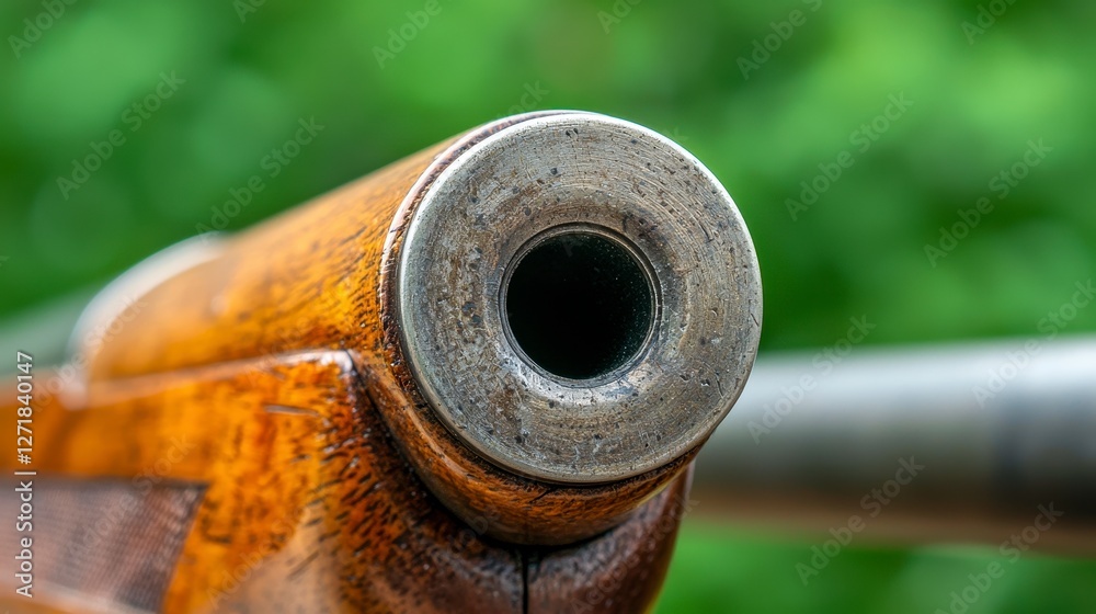 Intricate Details of Antique Firearm Muzzle, Close-up View of Aged Metal and Wood Texture Intricate Details of Antique Firearm Muzzle, Close-up View of Aged Metal and Wood Texture
