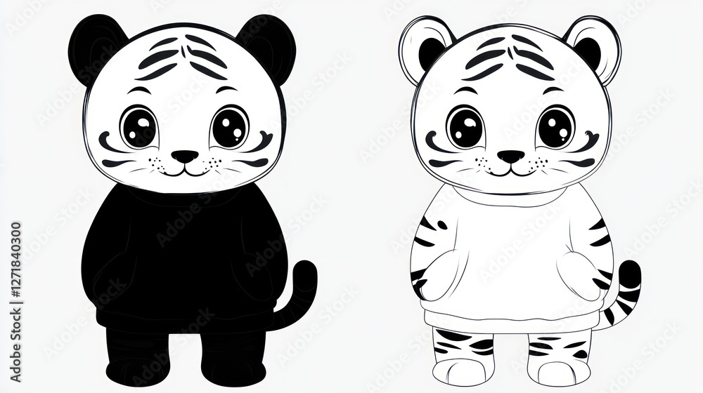 Obraz premium Cute cartoon tigers, black and white drawing, wearing hoodies, side by side