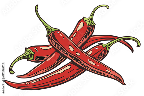  Vibrant red chili peppers, glossy skin, green stems, sharp focus, white background, food photography, high contrast, fresh produce, spicy ingredients, culinary still life, macro detail, overlapping