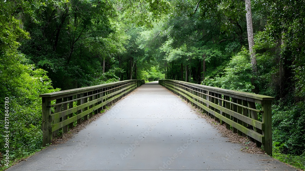 Scenic Pathway Through Lush Green Trees with Wooden Railings Scenic Pathway Through Lush Green Trees with Wooden Railings