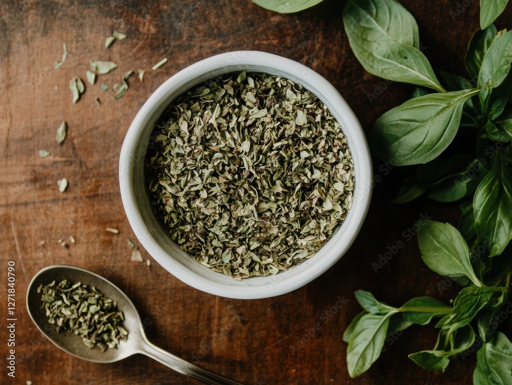 Dried oregano in bowl with spoon and basil leaves Dried oregano in bowl with spoon and basil leaves