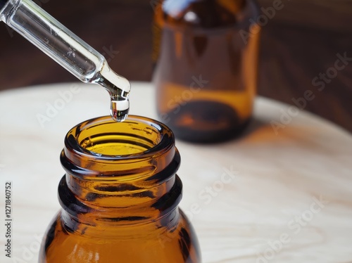 Dropper filling amber glass bottle with oil