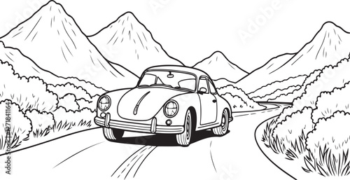 Retro car on the road. Nature, mountains, flowers. Coloring page for adults. Vector image