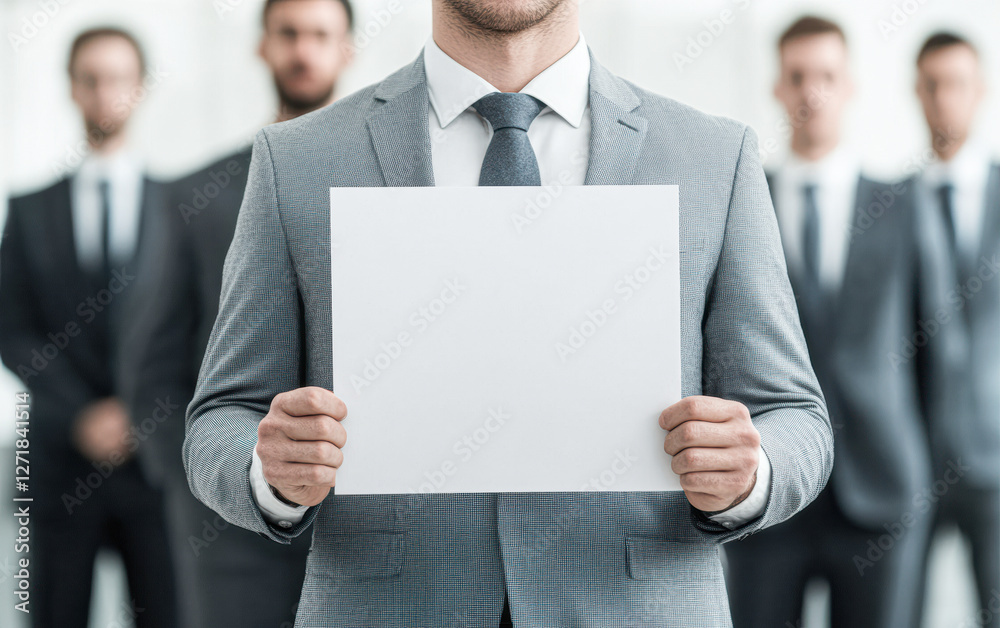 Office business presentation man with blank sheet in professional setting Office business presentation man with blank sheet in professional setting