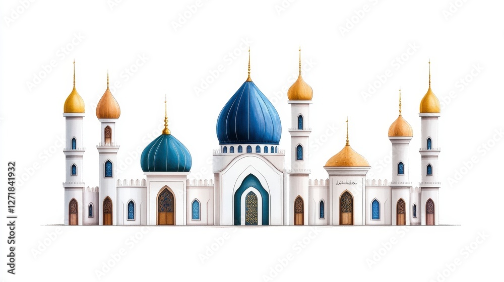 Majestic Mosque Illustration: Traditional Islamic Architecture with Blue and Gold Domes Majestic Mosque Illustration: Traditional Islamic Architecture with Blue and Gold Domes
