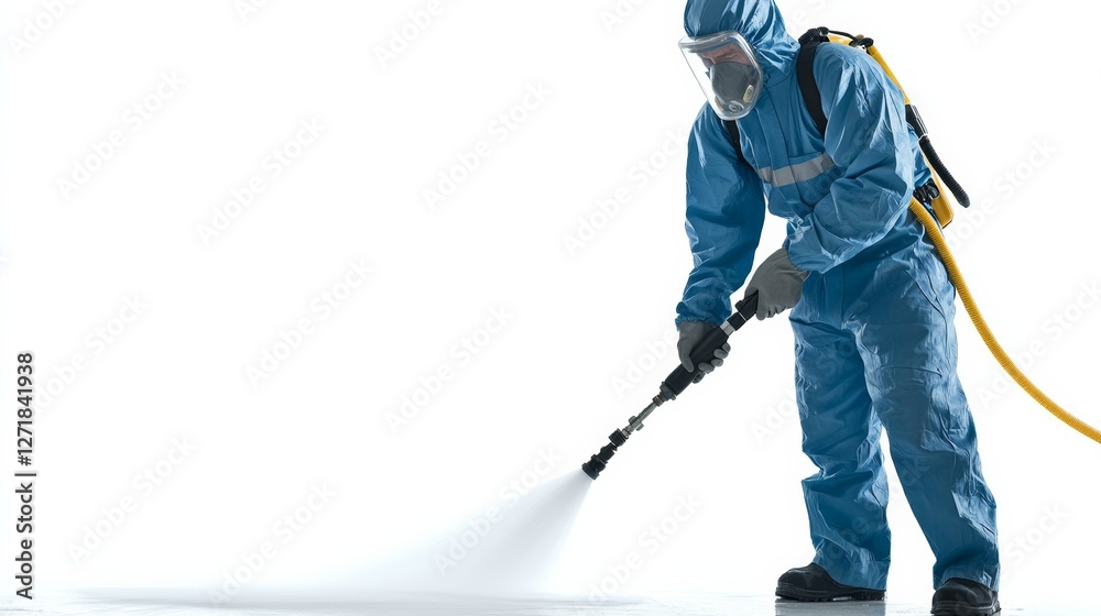 A US industrial cleaner using a pressure washer, wearing protective clothing, isolated on a seamless white background, A US industrial cleaner using a pressure washer, wearing protective clothing, isolated on a seamless white background,